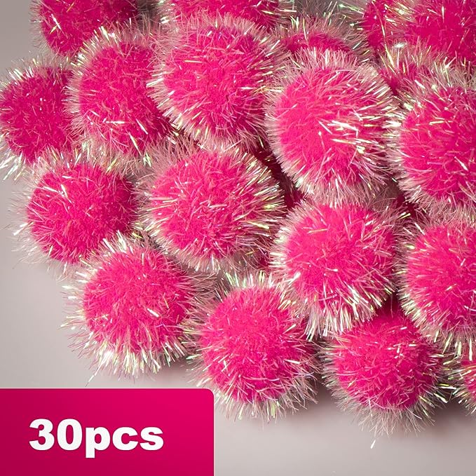 VAPKER 30 Pcs Cat Ball Toys Sparkle Balls Extra Large 2 Inch Cat's Favorite Chase Glitter Ball Glitter Tinsel Pom Poms Balls Hot Pink Color