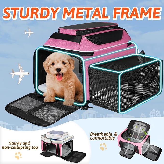 Petskd Top and Side Expandable Pet Carrier 17x11x9.5 Inches Alaska Airline Approved, Soft-Sided Carrier for Small Cats and Dogs with Locking Safety Zippers and Anti-Scratch Mesh(Pink)