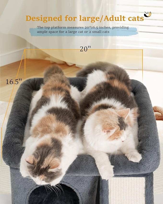 14‘’ Cat Tree Tower with Scratching Post, 20 * 16.5in Perch Bed for Large Adult Cats, Condo Cave for Indoor Small Medium Kittens, Dark Gray