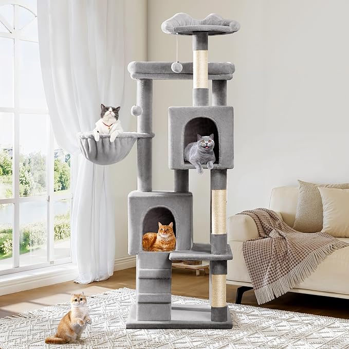 Allewie 64 Inches Cat Tree Tower/Multi-Level Activity Center for Indoor Big Felines/2 Plush Condos/2 Perchs/Basket/House/Sisal Scratching Posts/Hanging Cat Toys/Grey