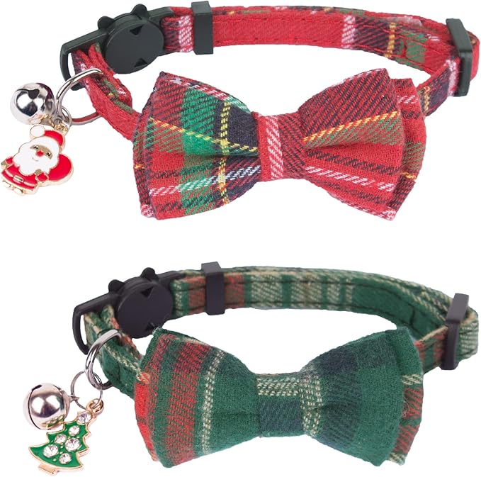 ADOGGYGO Christmas Cat Collars Breakaway with Removable Bow Tie Bell, 2 Pack Red Green Plaid Christmas Bow Collar for Cats Kittens