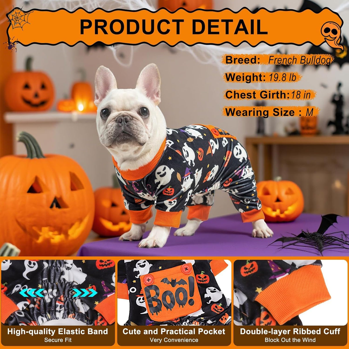 BEAUTYZOO Dog Halloween Pajamas Large Sized Dog, Fleece Funny Ghost Pumpkin Costumes for Dogs, Soft Stretchable Doggy Onesie with Feet, Pet Apparel Clothes for Large Dogs Boy Girl, Black L