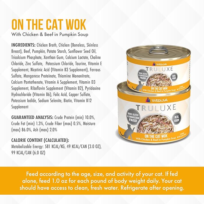 Weruva TruLuxe Cat Food, On The Cat Wok with Chicken Breast & Beef in Pumpkin Soup, 6oz Can (Pack of 24)