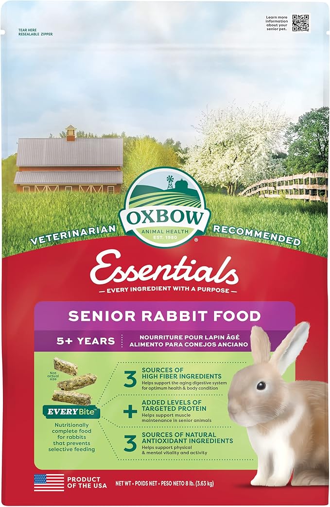 Oxbow Essentials Rabbit Food, Senior, Made Alfalfa for Rabbit, Vitamin & Mineral Rich Pet Pellets, Small Animal Pet Products, Bunny Food, Made in USA, High Fiber, 8 lb. Bag