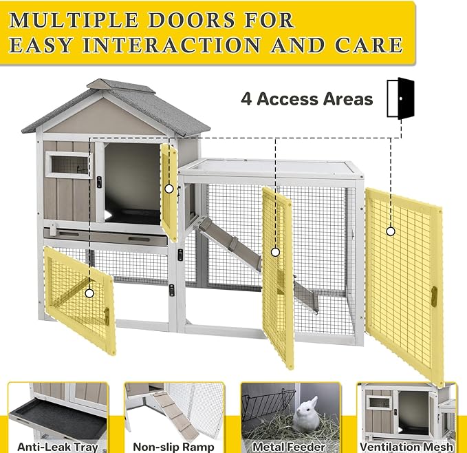 94''L Rabbit Hutch Outdoor Chicken Coop with Run, Wooden Indoor 2 Story Bunny House with Waterproof Roof, Pull Out Tray, Guinea Pig Rabbit Duck Cage for Small to Medium Animals and Pet Lover, Gray