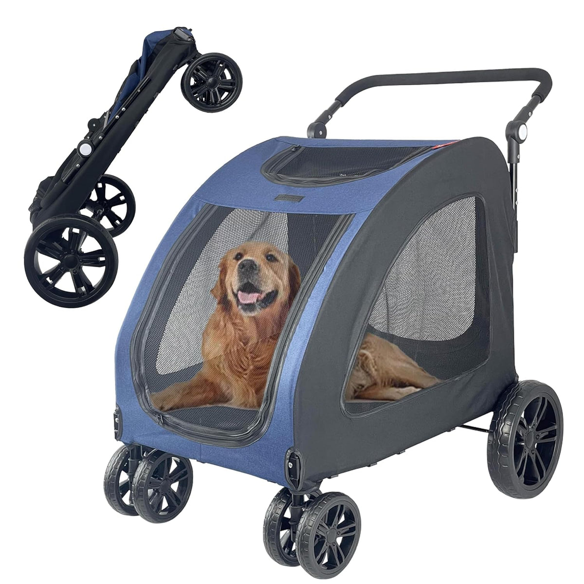 Extra Large Dog Stroller for Medium & Large Pets - Foldable Design, Adjustable Handle, Up to 130 lbs(Blue)