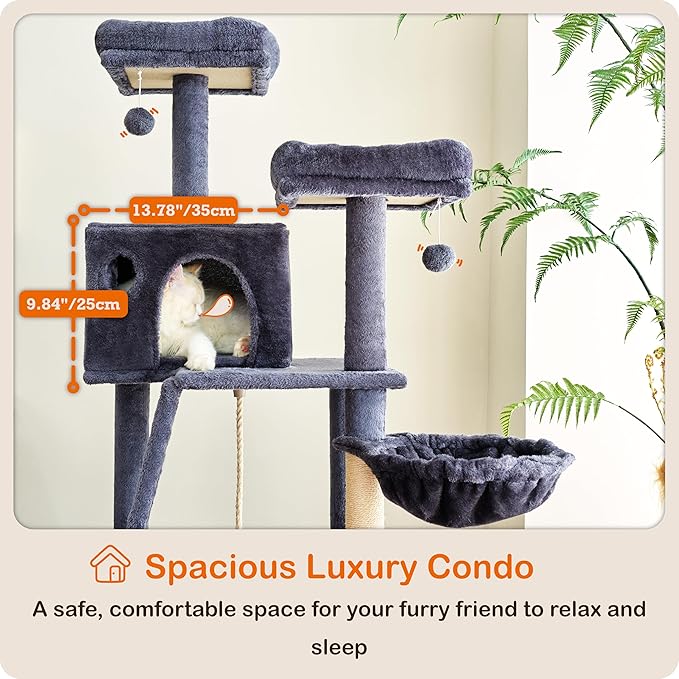 Ouritsu Cat Tree, 56 inch Tall Cat Tower for Large Cat Indoor, Large Condo, 2 Padded Perches, Steel-Framed Hammock, Scratching Post and ramp, Fluffy Basket, Dark Gray, LF001DG