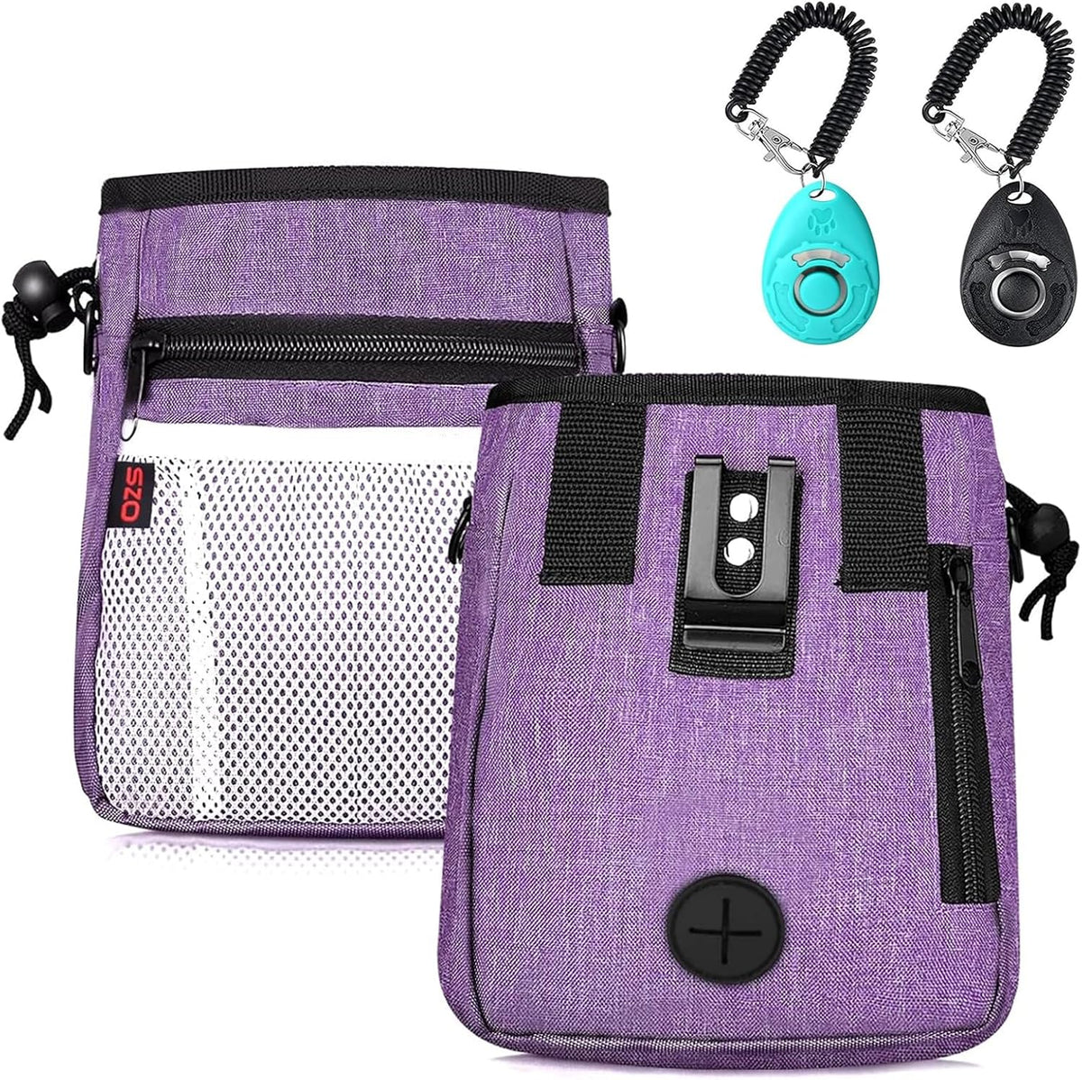 Dog Treat Pouch - 3 Ways to Wear Treat Pouches for Pet Training and 2 Pieces Clicker Taining for Dogs, Dog Training Treat Pouch Bag and Dog Clicker for Training with Waist Belt Shoulder Strap - Purple