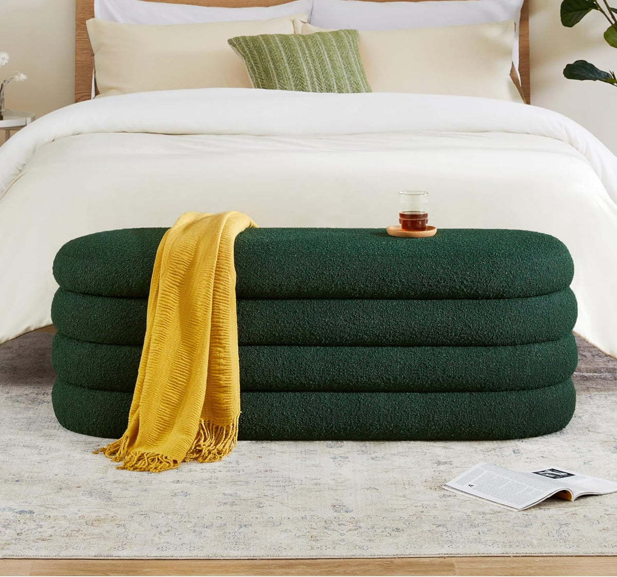 Storage Ottoman Bench 49.2 Inch Upholstered Fabric Storage Bench for Bedroom End of Bed Aesthetic Large Oval Ottoman for Living Room(Dark Green)