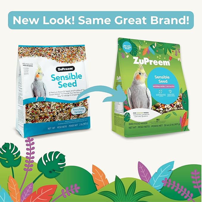 ZuPreem Sensible Seed Bird Food, Cockatiel, Lovebird, Quaker, Small Conure, Seed and Pellet Blend for Medium Birds, Food Mixer Topper, Enriching Variety, Made in the USA, (M, 2 lbs)
