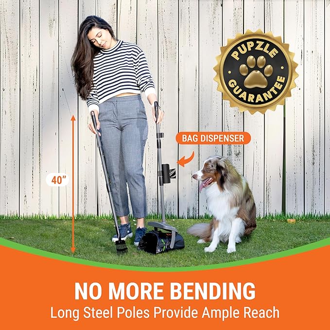 Dog Pooper Scooper with Bag Attachment, 40" Long Handle Pooper Scooper for Large Dogs, Dog Poop Scoop for Yard, Large Capacity Swivel Bin and Rake, Lavender Scented Bags (Grey)