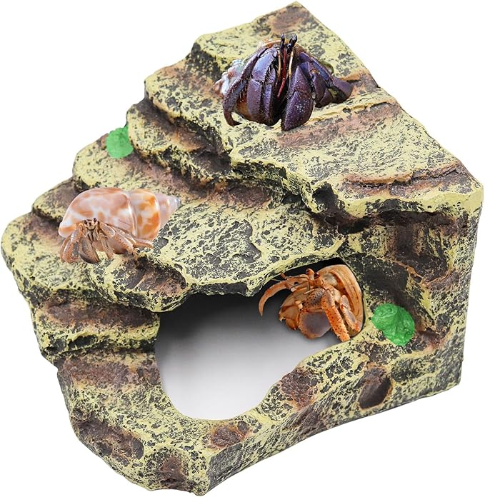 Oooct Hermit Crab Hideout, Resin Simulation Stone Reptile Cave Hideout, Hermit Crab Climbing Toys, Terrarium Habitat Decor for Lizard Spider Aquarium Fish Gecko Bearded Dragon