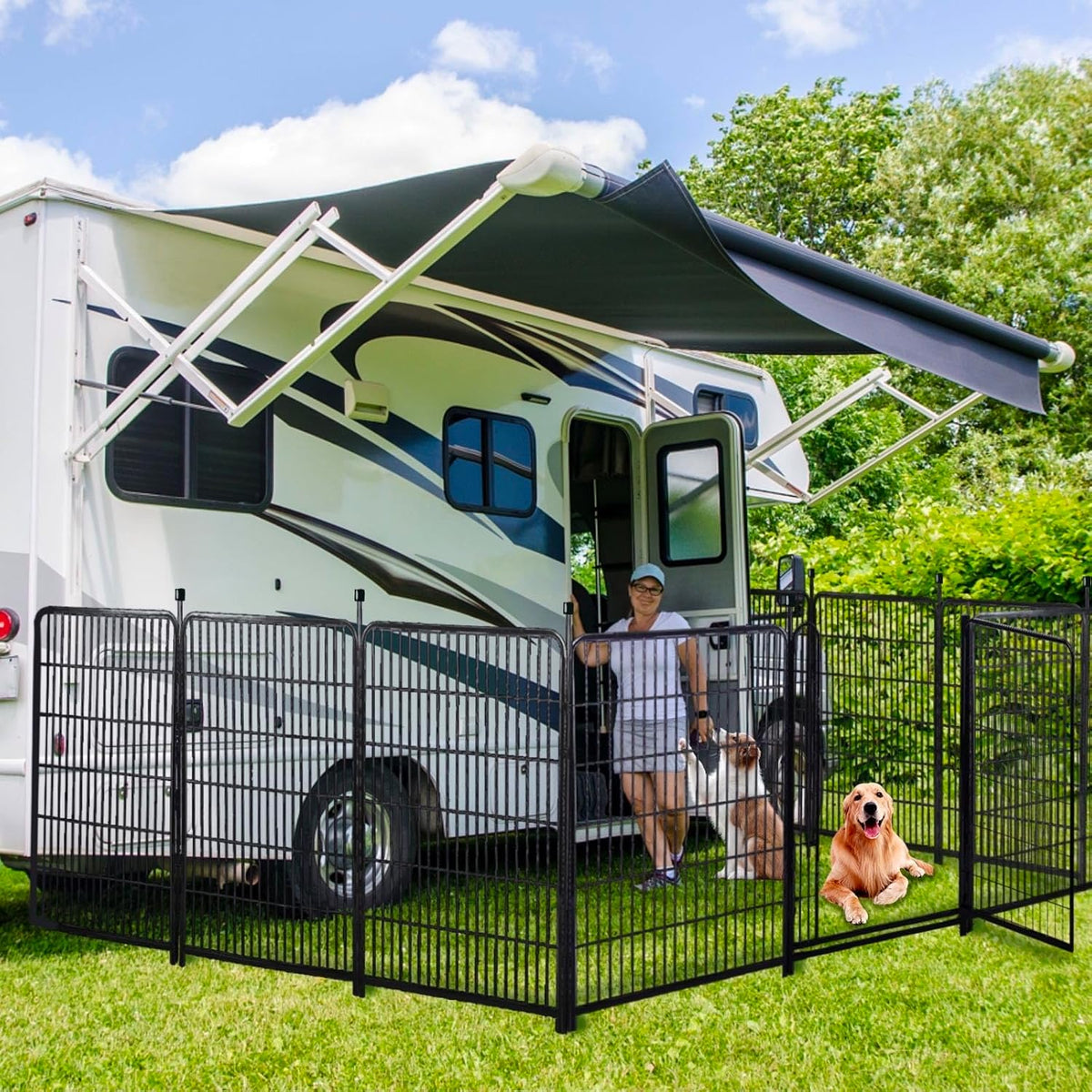 Tall Garden Fences and Borders for Dogs, 4.6ft High Dog Fence, 6 Panels Total 13.3 Ft Long, Gate 21 inches Wide with Low Sills. Modular Fencing, Dog Fence Outdoor for Yard