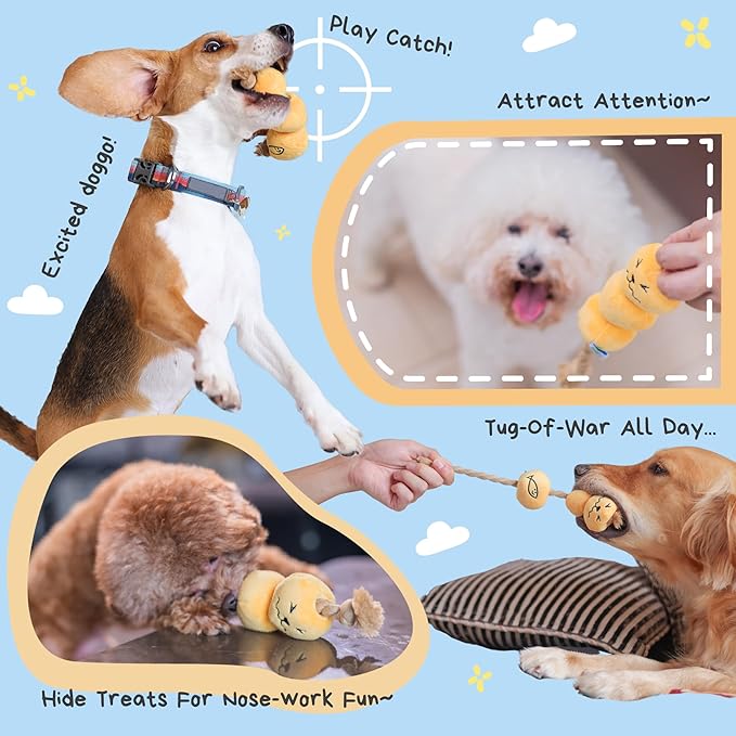 Curry Fishball Soft Plush Squeaky Dog Pull Toy - Durable, Iconic, Cute & Fun Rope Toy for Interactive Bonding Time, Sliding Mechanism, Hide Food for Puzzle Play, Small Medium Dogs