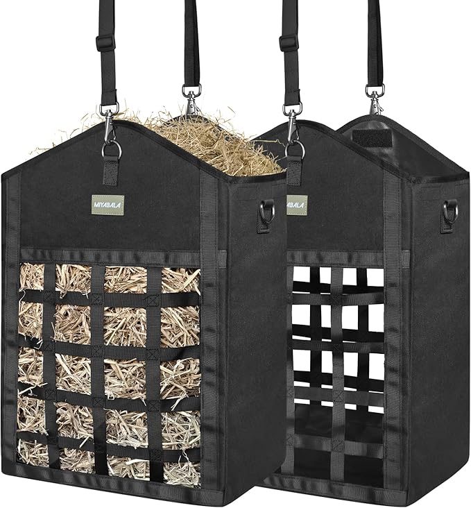 Hay Bags for Horses,Two-Sided Premium Oxford Slow Feed Hay Bags for Goats,Sheep,Donkey,Large Top Opening with Hook-and-Loop Seals,Easy to Hang with Adjustable Strap (Black, Large 2 Packs)