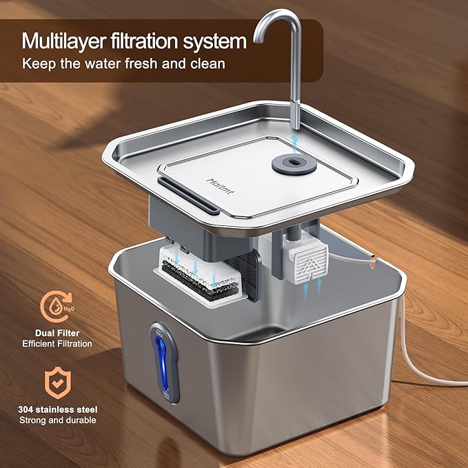 Stainless Steel Cat Water Fountain, 4L/135oz Automatic Circulation pet Water Dispenser, Quiet cat Bowl Water Dispenser, Suitable for Cats, Dogs and Multiple Pets. (Pet Fountain+6 Filters+6 Sponges)