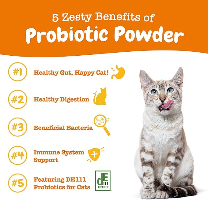 Zesty Paws Powder Probiotics for Cats - Meal Topper for Digestive, Immune System Support for Feline Biome - Premium DE111 Cat Probiotics for Digestive Health - Fiber & Yeast Extract - Pumpkin - 30 Ct