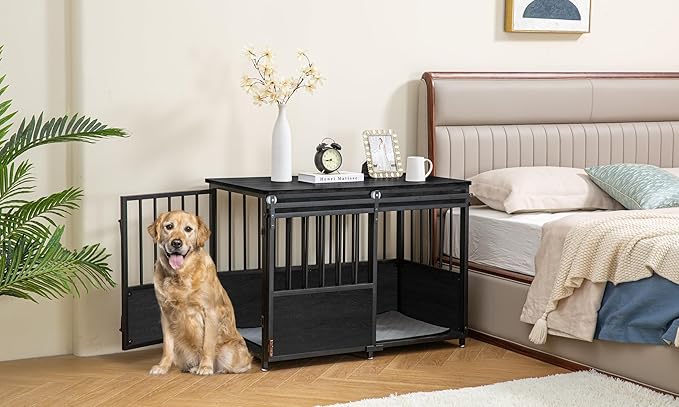 KOOPRO 40 Inch Dog Crate Furniture with Cushion for Small Medium Dogs, Wooden Heavy Duty Dog Kennel with Double Doors, Decorative Pet House Dog Cage Side End Table Indoor, Sliding Door Chew-Resistant