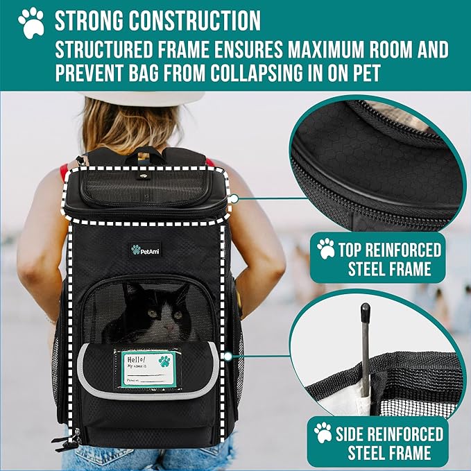 PetAmi Dog Backpack Carrier, Airline Approved Cat Backpacks for Carrying Small Large Cats, Pet Carrier Back Pack, Ventilated Soft Sided for Travel, Hiking, Camping, Max 18 lbs, Black