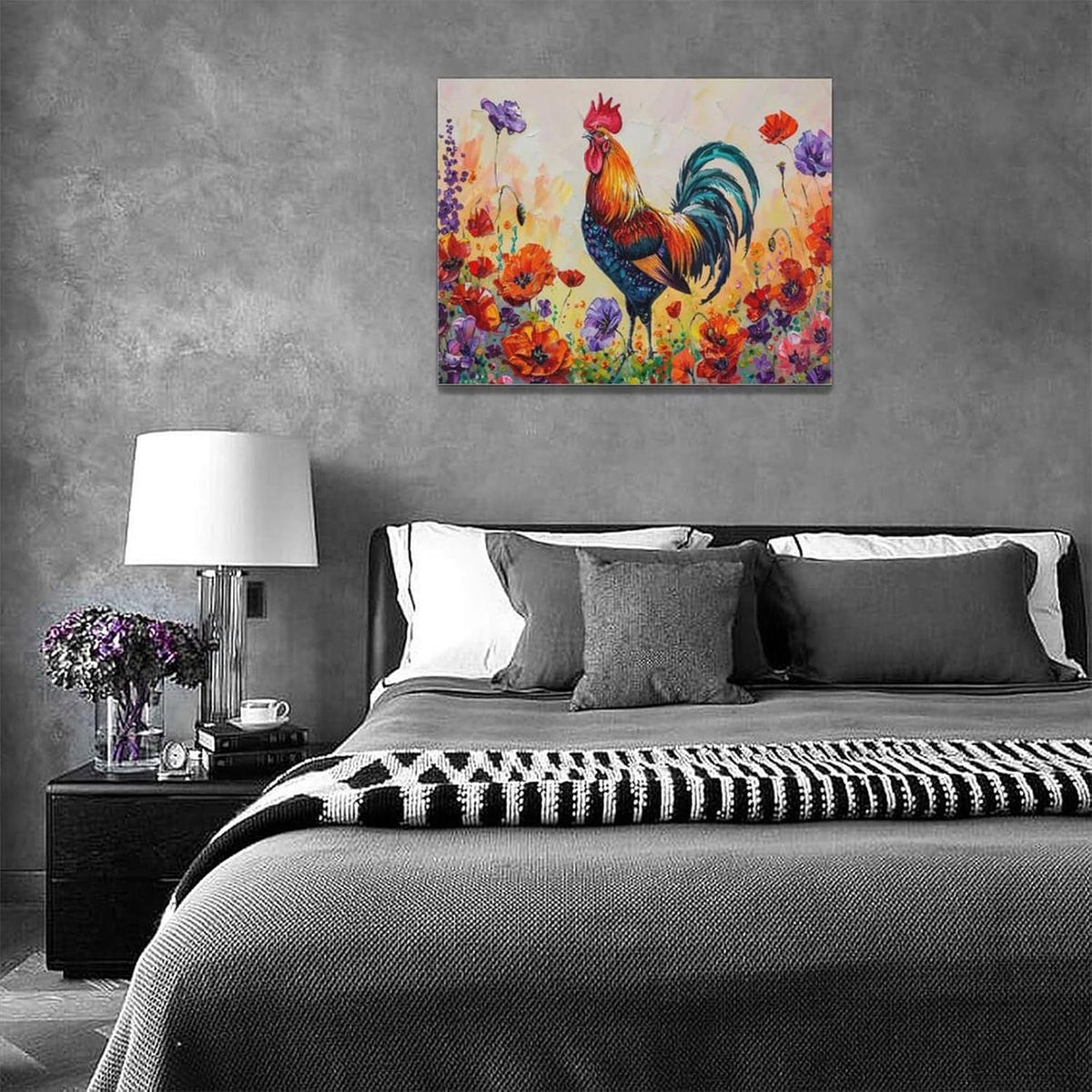 Rooster Wall Art Flower Poppy Canvas Living Room Pictures Framed Prints Colorful Floral Large Wall Decor Animal Painting Artwork for Bedroom Dining Home 16"x12"