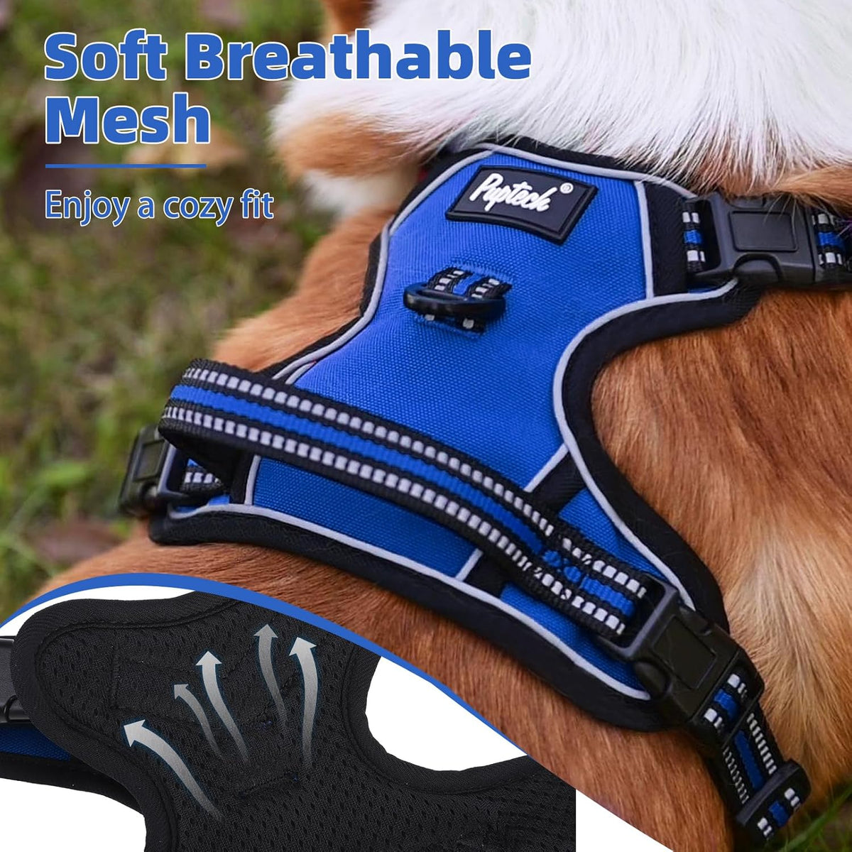 PUPTECK No Pull Dog Harness for Large, Adjustable Reflective Dog Harness with Handle Easy Control, Comfortable Soft Padded Pet Vest Harness for Large Dogs, Blue L