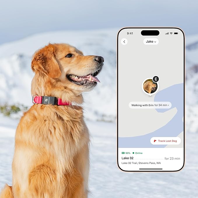 New Fi Series 3+ Smart Dog Tracker Collar – AI GPS for Dogs, Health & Behavior Monitor, Virtual Fence, Escape Alerts, Waterproof, Apple Watch Compatible 12Mo Membership Included