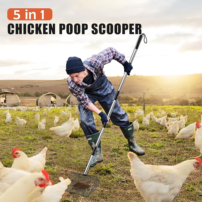 Esmorah 10 Inch Large Metal Chicken Poop Scooper for Sand & Coop Cleaning - Long Sifting Shovel with 24"-68" Adjustable Handle, 5 Lengths Heavy Duty Stainless Steel