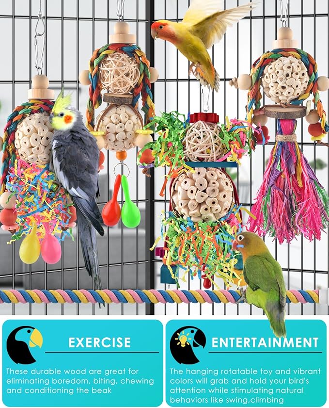Bissap Conure Toys, 5 PCS Bird Foraging Shredder Hanging Swing Rope Perch Toys Sola Balls with Sand Hammer for Small Parrots Parakeets Conures Cockatiels Love Birds Cage Toy