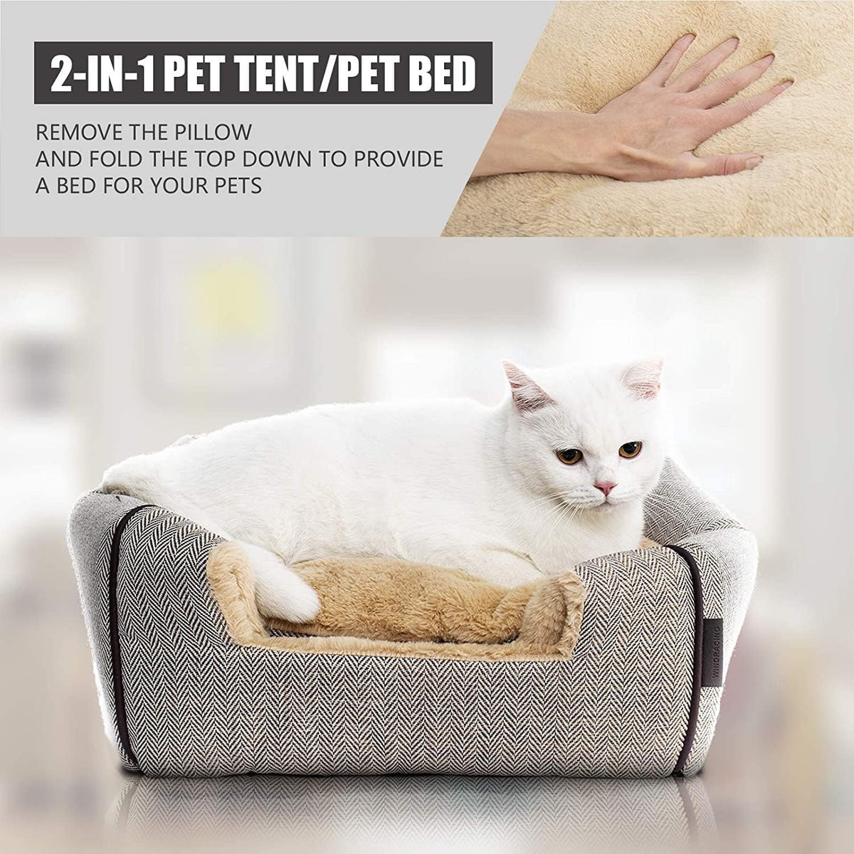 Cat Bed - Cat Cave House Tent with Washable Cushioned Pillow, Soft Kitten Beds, Pet Furniture (Large, Beige)