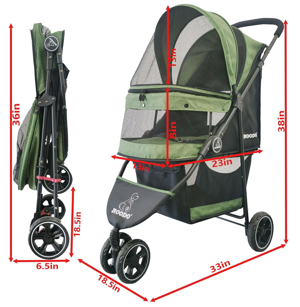 ROODO 3 Wheel Pet Stroller Best Lightweight Foldable Compact Portable Jogger All Terrain Travel Pet Gear Puppy Kitty Stroller for up to 30lbs Medium Small Dogs and Cats(Green)