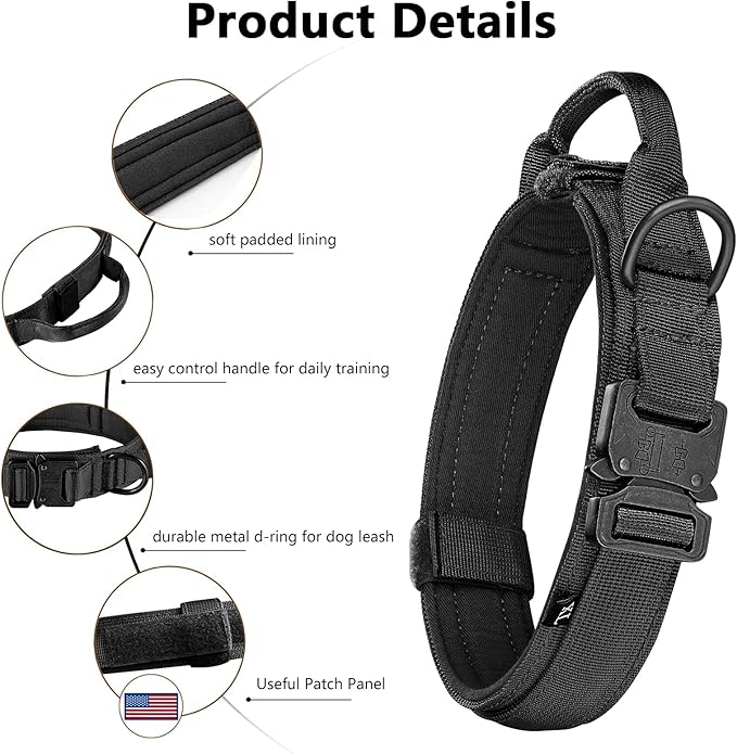 DAGANXI Tactical Dog Collar, Adjustable Military Training Nylon Dog Collar with Control Handle and Heavy Metal Buckle for Medium and Large Dogs, with Patches and Airtags Case (L, Black)