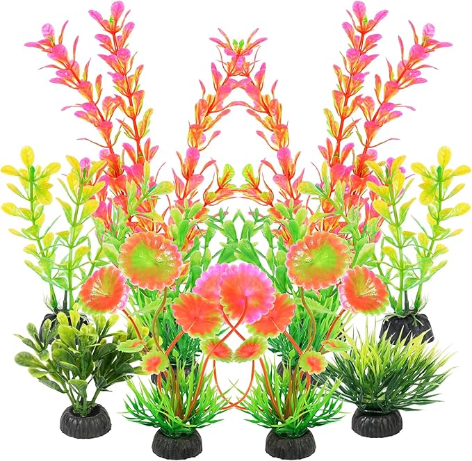 AQUANEAT Artificial Fish Tank Plants, Plastic Aquarium Decorations, Pink Accessories, 10pcs
