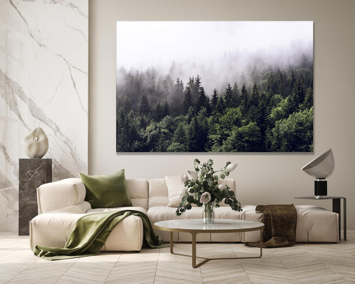 Nature Wall Art Prints - Ocean Forest Mountain Lake Canvas Landscapes - Small to Extra Large Living Room Bedroom Kitchen Bathroom Décor (Foggy Pine Forest, 24L" x 36W")