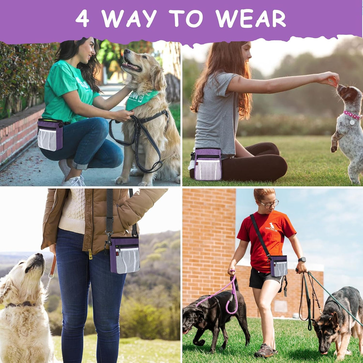 Dog Treat Pouch - 3 Ways to Wear Treat Pouches for Pet Training and 2 Pieces Clicker Taining for Dogs, Dog Training Treat Pouch Bag and Dog Clicker for Training with Waist Belt Shoulder Strap - Purple