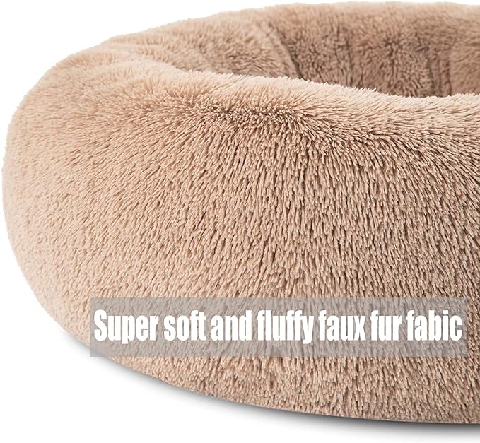 Calming Faux Fur Dog Beds Calming Donut Cuddler Dog Bed Washable Round Cat Bed Pillow Cuddler Fluffy Indoor Dog Calming Beds with Anti Slip Bottom Solid Color Yellow 16 Inch