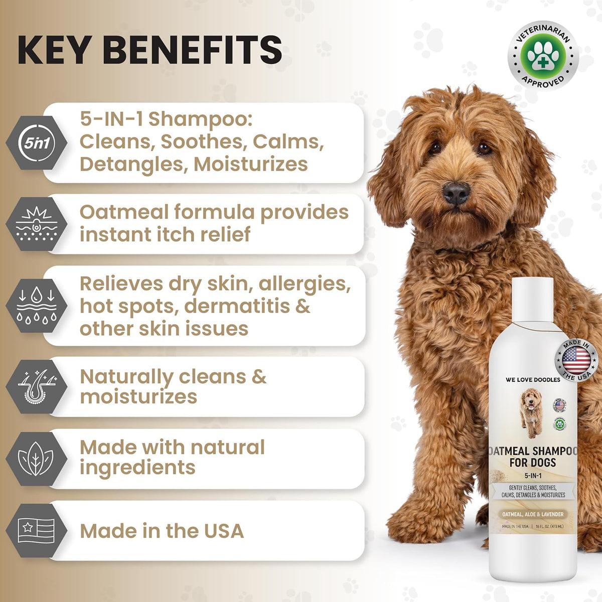 5-in-1 Premium Oatmeal Shampoo for Dogs, Gentle for Itchy & Sensitive Skin, Provides Itch Relief, Hypoallergenic & Soothing for Dry Skin, Moisturizing Anti-Itch, Made in USA, 16 oz [We Love Doodles]