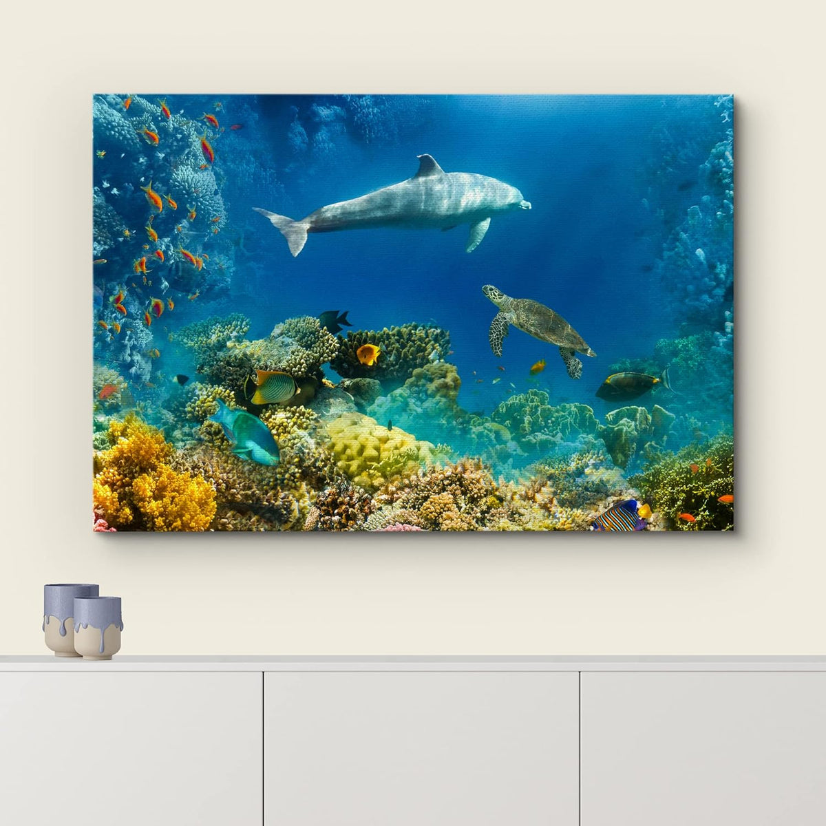 wall26 Canvas Print Wall Art Tropical Ocean Underwater Dolphin Coral Reef Nature Animals Photography Realism Rustic Scenic Landscape Wilderness Colorful for Living Room, Bedroom, Office - 32"x48"