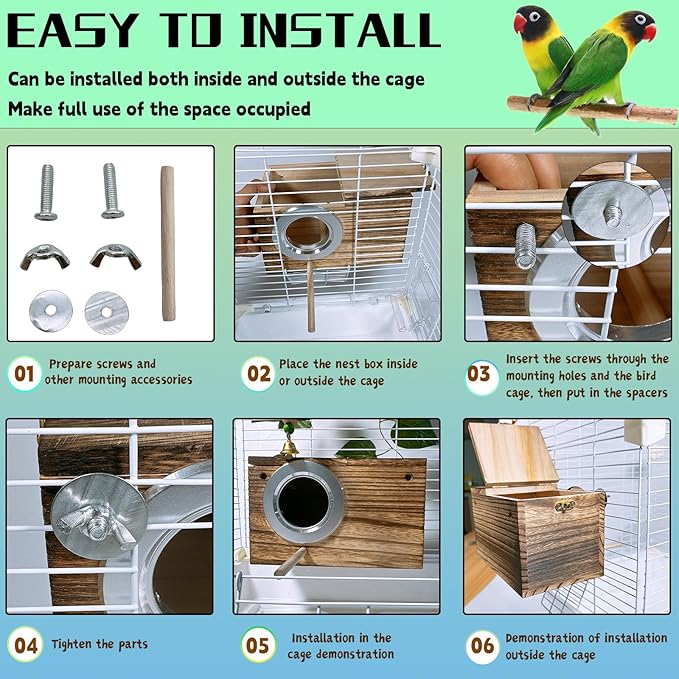 kathson Parrots Nesting Box Parakeet Nest House for Cage Budgie Breeding Hut with Coconut Fiber Bedding Wooden Bird Mating Box for Lovebirds and Small Parrot Birds