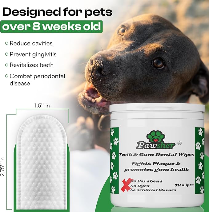 Dog Teeth Cleaning Wipes, Fights Plaque, Freshens Breath & Promotes Gum Health, No-Rinse Finger Toothbrush, Gentle & Naturally Safe, Completes Your Dog Tooth Brushing Kit, 50 Count