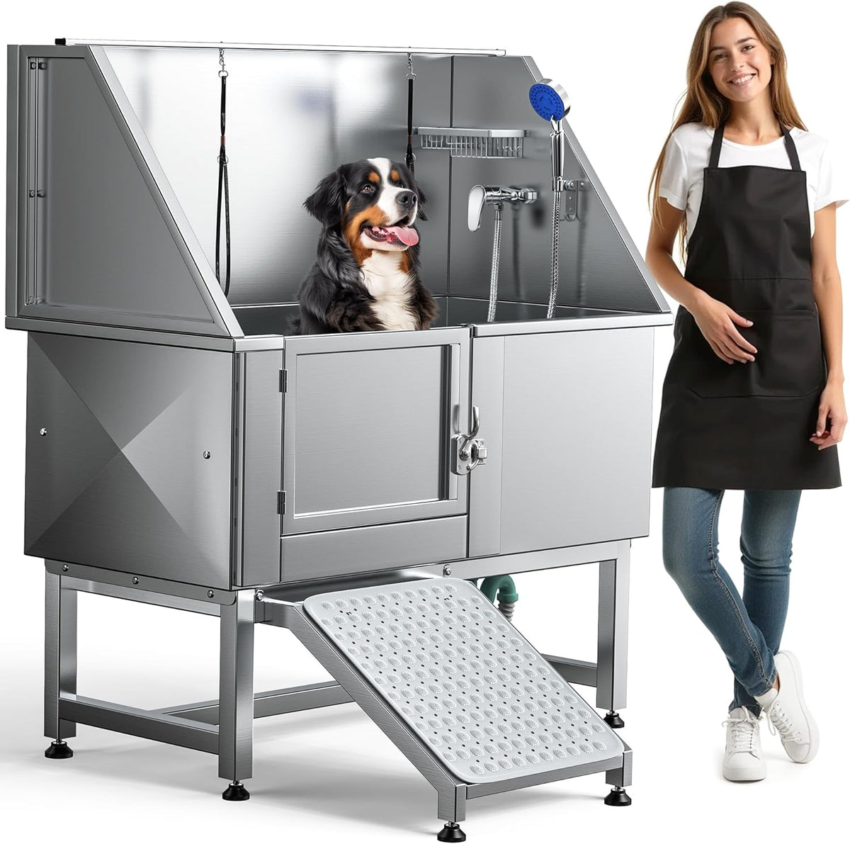 DWVO Professional Pet Dog Bathing Station for Grooming, 50'' Dog Grooming Bathtub with Left Ramp, Floor Grate, Faucet, Showerhead & Soap Holder for Large, Medium & Small Pets