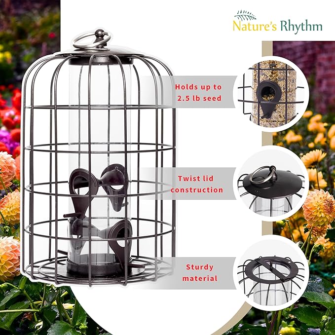 Nature's Rhythm Outdoor Hanging Bird Feeder Cage PC Tube Squirrel Proof Wild Bird Feeder with Large Metal Seed Guard Deterrent Green