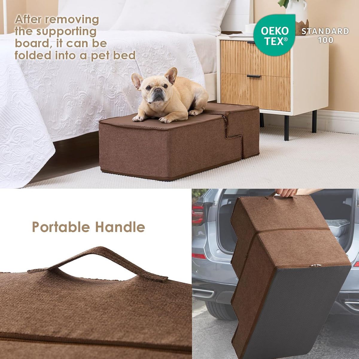 EHEYCIGA Dog Stairs for Bed 18" H, 4-Step Dog Steps for High Bed, Pet Steps for Small Dogs and Cats, Non-Slip Balanced Pet Indoor Ramp, Brown