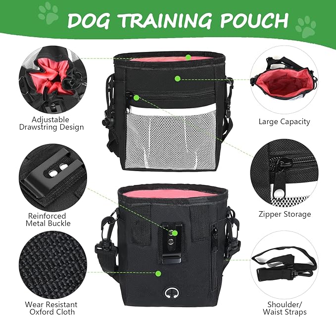 Dog Treat Pouch Pet Training Kit - Silicone Treat Bag Magnetic Closure, Puppy Training Clicker, Dog Whistle, Dog Water Bowls, Poop Bags & Holder, 4 Ways to Wear Walking Fanny Pack - Orange