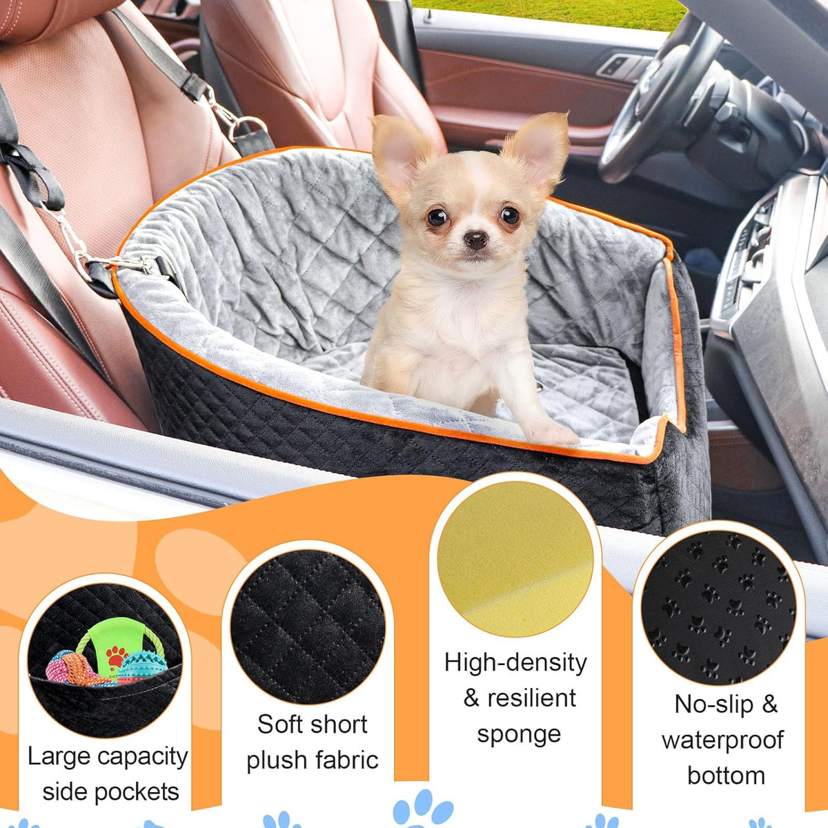 Dog Car Seat for Small Dogs, Memory Foam Booster Dog Seat for Dogs up to 35 lbs, Elevated Pet Car Seat, Travel Safety Pet Seat with Washable Removable Cover, Storage Pockets (Red)
