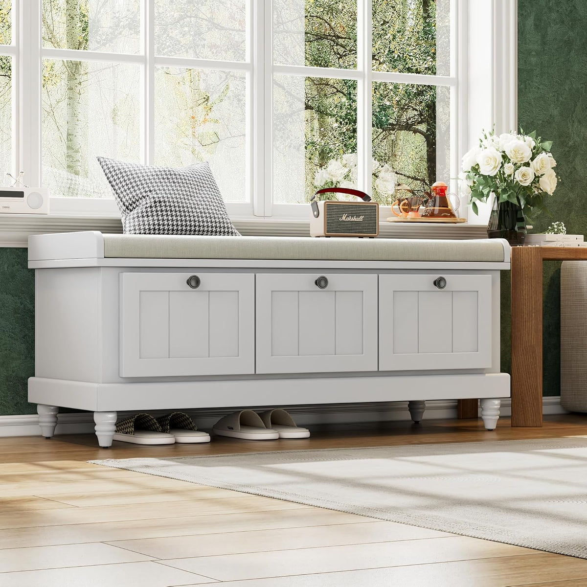 Classic Shoe Storage Bench with Cushion and Three Drawers, Fluted Entryway Bench with Storage for Entryway, Living Room, Hallways 44.0" L x 15.9" W x 18.9" H Gray Wash