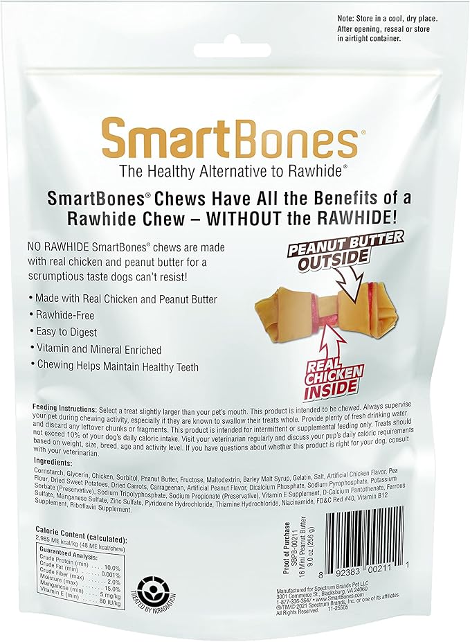 SmartBones Rawhide-Free Peanut Butter Mini Bones 16 Count (Pack of 1)