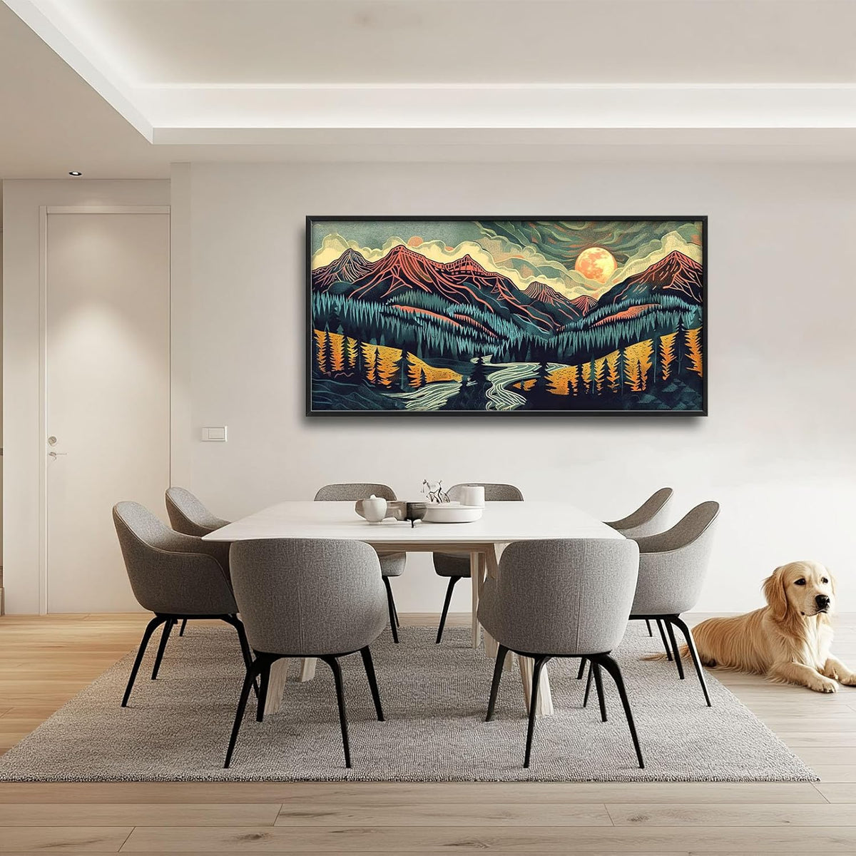 Quorin Boho Mountain Large Wall Art Abstract Pictures Lake Pine Tree Forest Foggy Sunset Wall Decor Nature Landscape Canvas Print Painting Artwork for Bathroom Living Room Bedroom 60L x 30W
