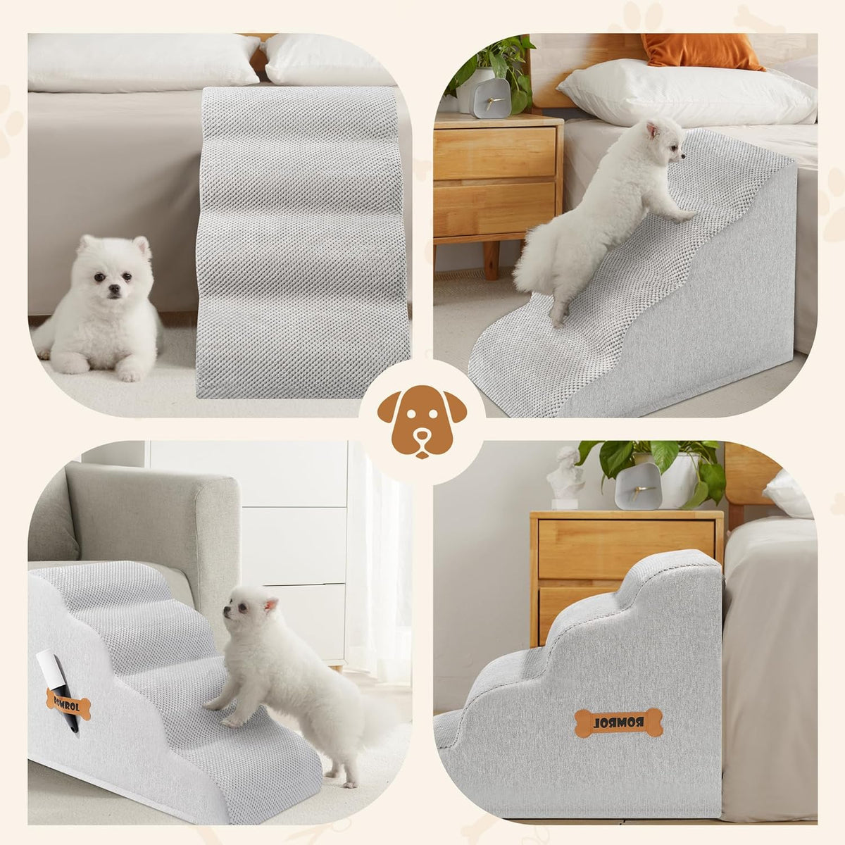 Romrol Dog Stairs Ramp for Beds Couches, Extra Wide Pet Steps with Durable Non-Slip Waterproof Fabric Cover, Dog Slope Stairs for Small Dogs and Cats or Pets Friendly, 4-TiersLight Grey