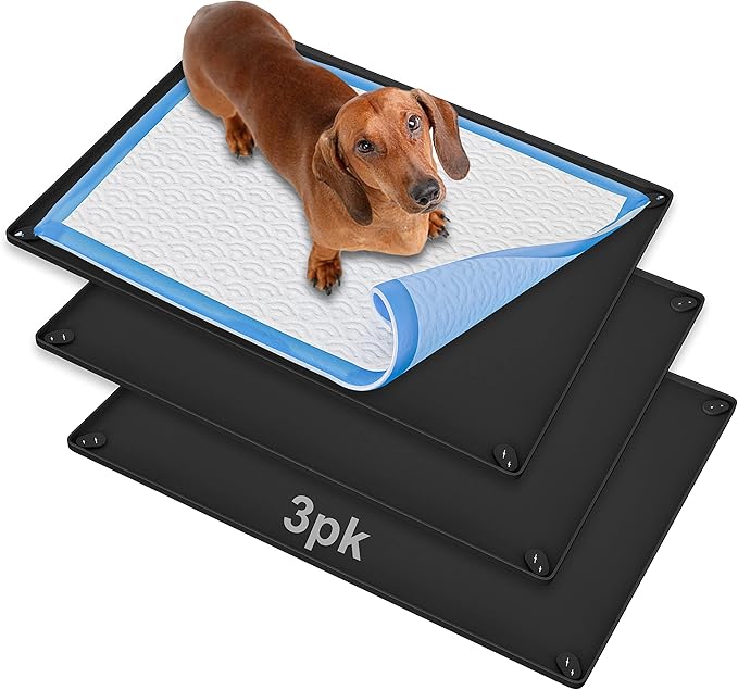 Skywin TidyFriend 3 Pk Pee Pad Holder Tray for 30” x 23” Pee Pads with Corner Lock Holes, Raised Edges, Non-Spill, Easy to Clean Silicone Dog Potty Tray Holder, for Indoor Floor Protection (Black)