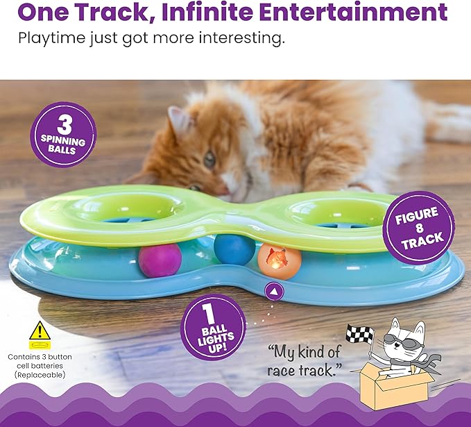 Catstages Infinity Ball Track for Cats with Two Balls, Including One Light-Up-Ball, Figure-8 Shaped Track Compatible with Topper Toys, Green